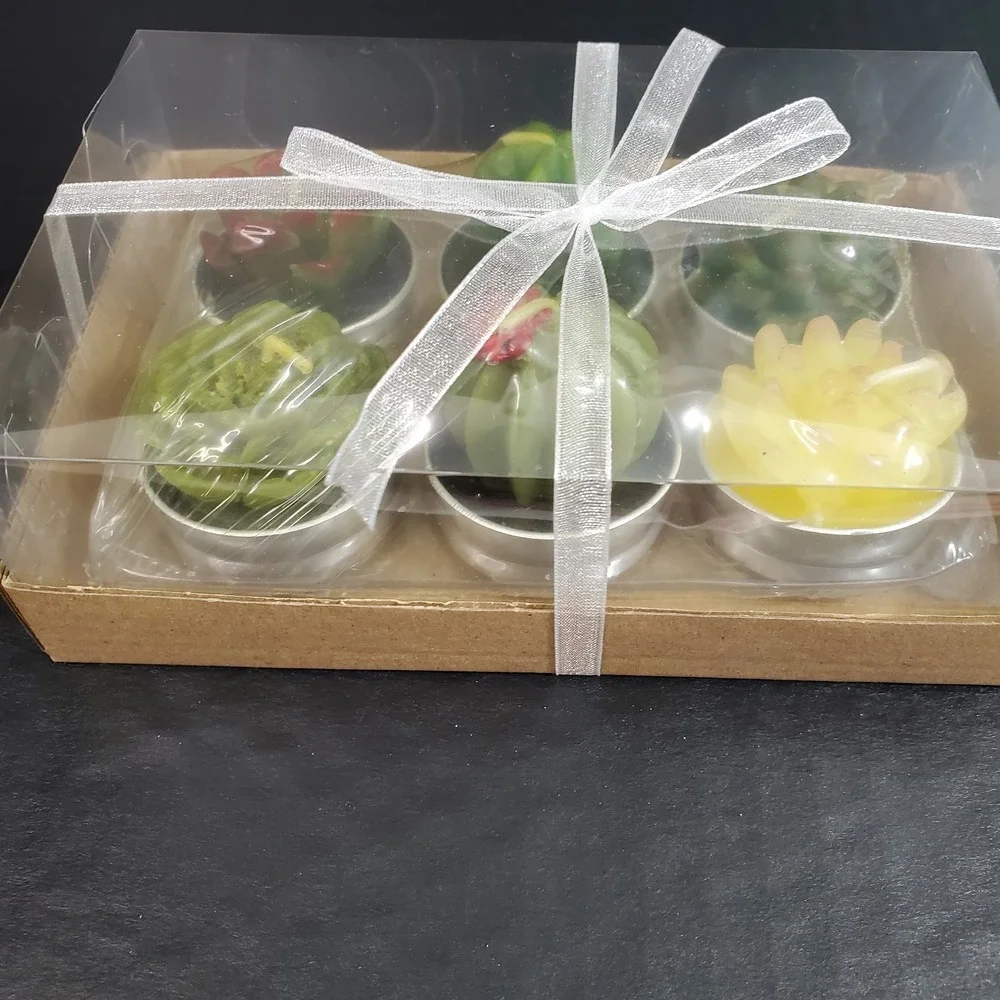 Set of 6 Mini Succulent Tea Light Candles Mini Plants Cactus NEW Gift Box